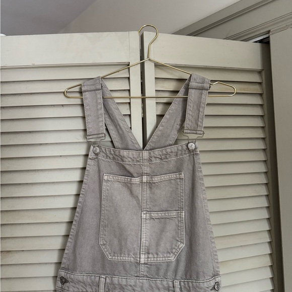 Free People we the free good luck beige Denim barrel Overalls size large - Picture 2 of 3
